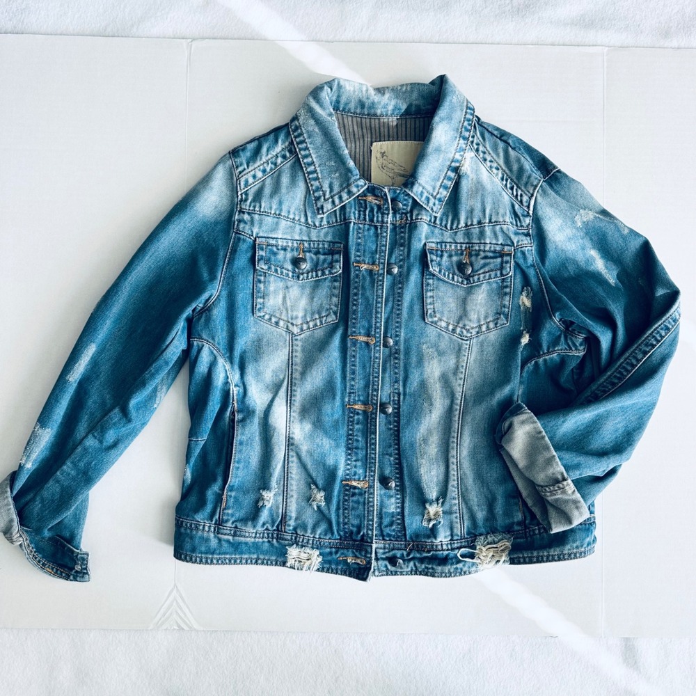 Distressed Blue Denim Jacket‎ Stars and Stripes Back American Flag Womens Large